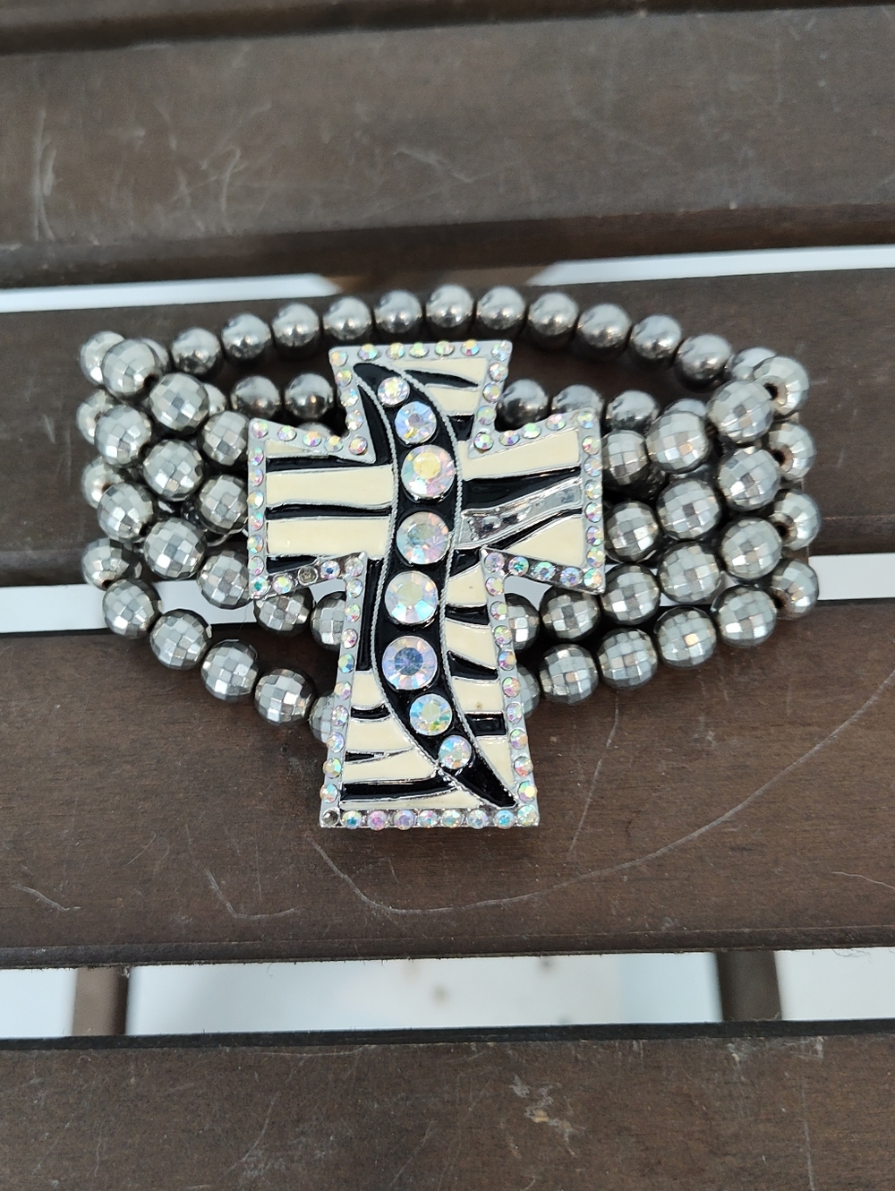Crystal Zebra Print Cross Stretch Bracelet - Silver and Black